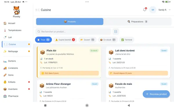 Interface Flowky — Gestion des denrées alimentaires