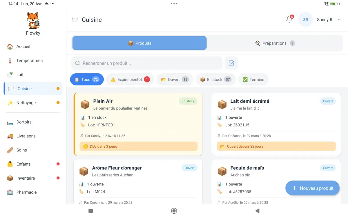 Interface Flowky — Gestion des denrées alimentaires