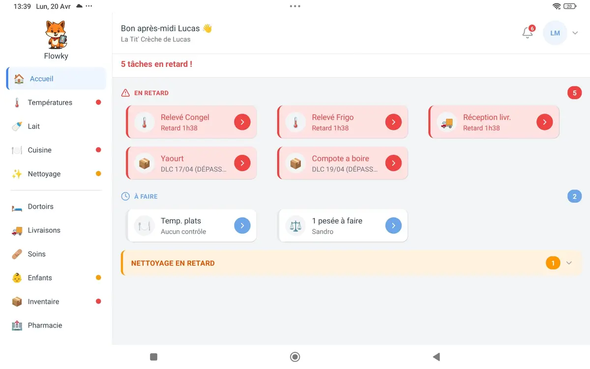 Dashboard Flowky sur tablette — alertes, températures, nettoyage