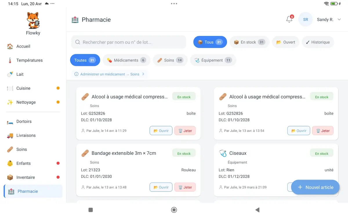 Interface Flowky — Gestion de la pharmacie HACCP