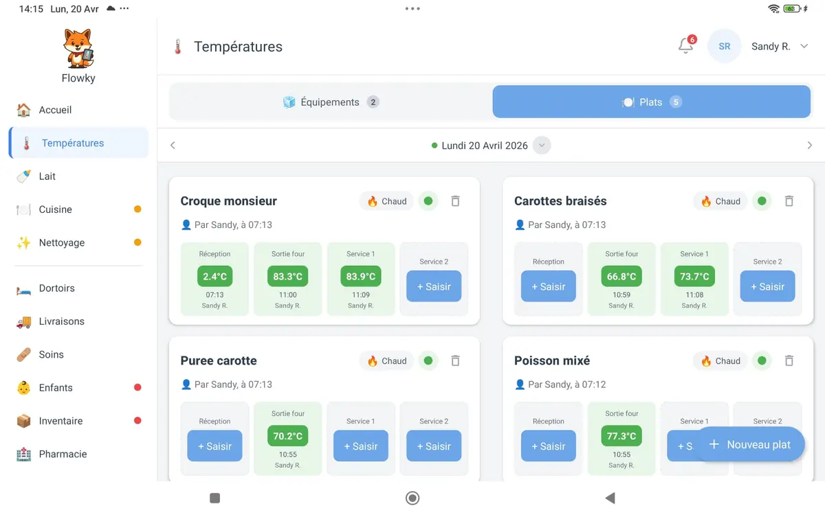 Interface Flowky — Contrôle des températures HACCP